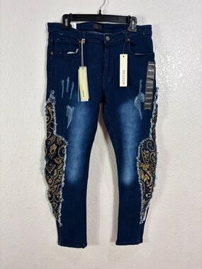 Reason Embroidered Side-Panel Skinny Jeans - Navy & Gold,Size 36x32